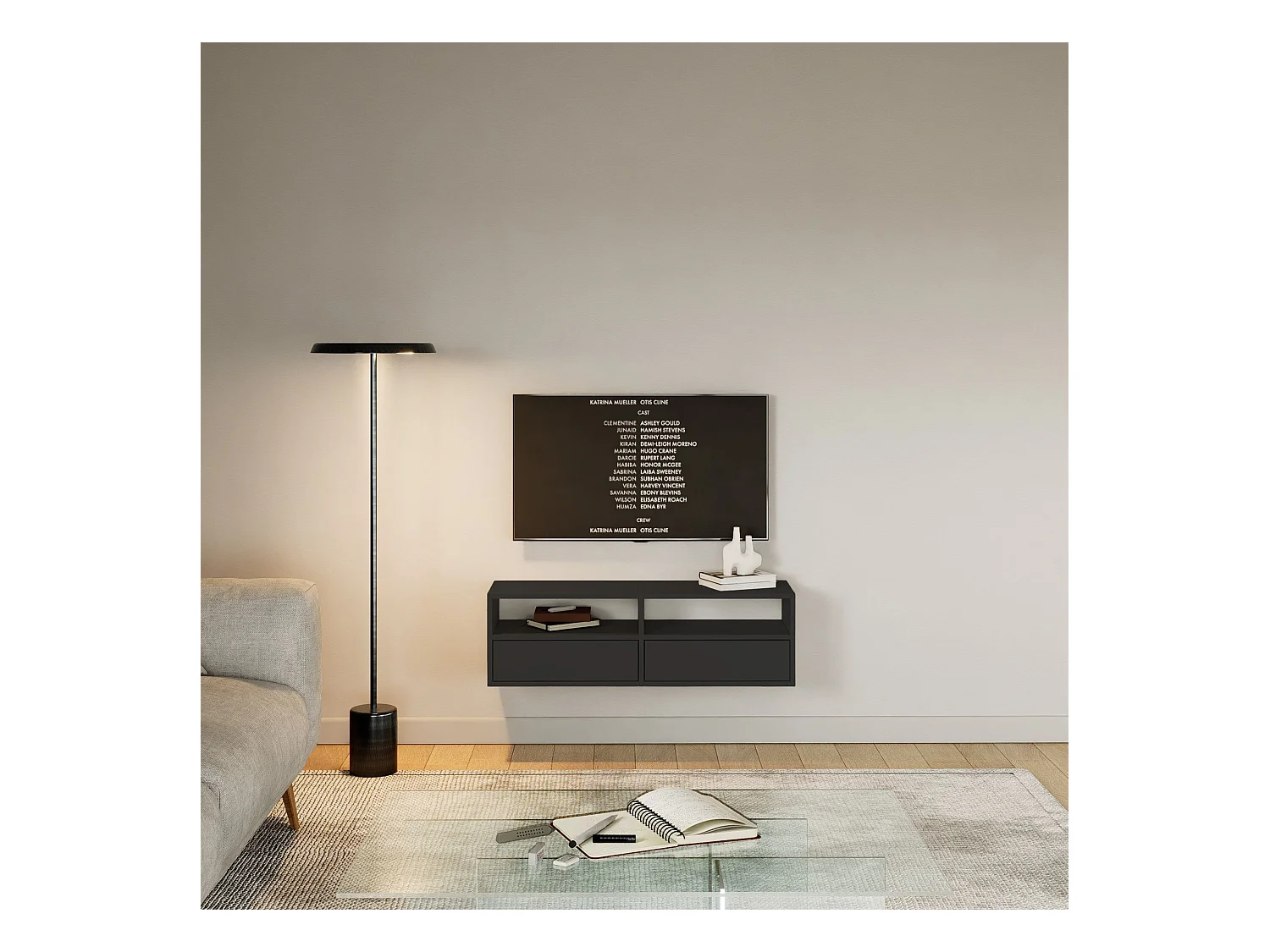 TV-meubel met 2 kleppen en vakken – zwart – 100 cm – FRAMME