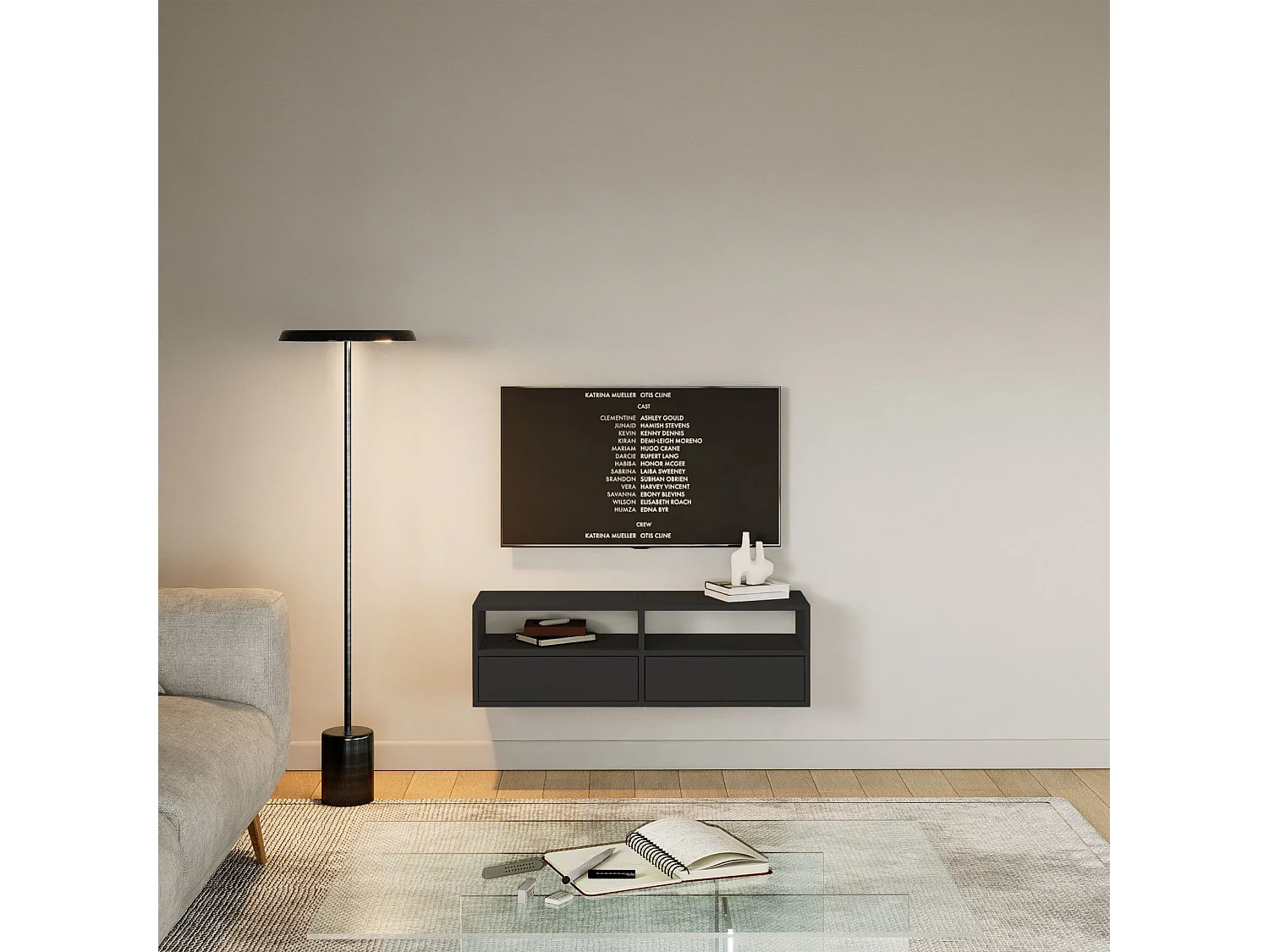 TV-meubel met 2 kleppen en vakken – zwart – 100 cm – FRAMME