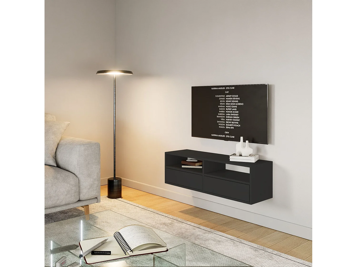 Meuble TV avec 2 abattants et étagères – noir – 100 cm – FRAMME