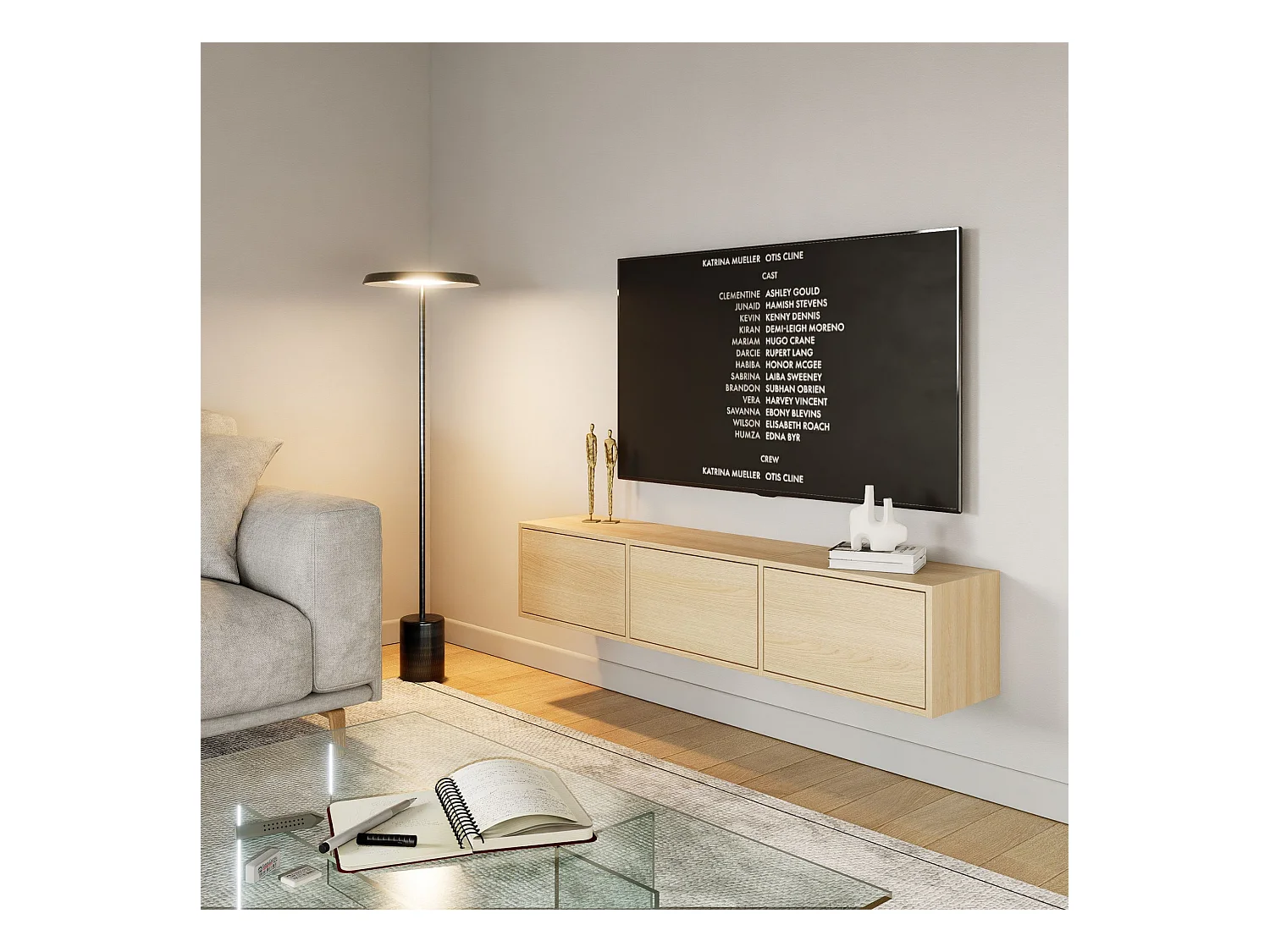 Meuble TV avec 3 abattants – aspect chêne – 150 cm – FRAMME