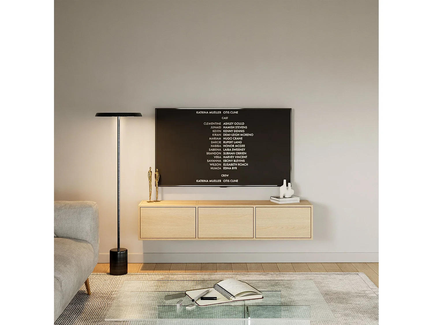 Meuble TV avec 3 abattants – aspect chêne – 150 cm – FRAMME