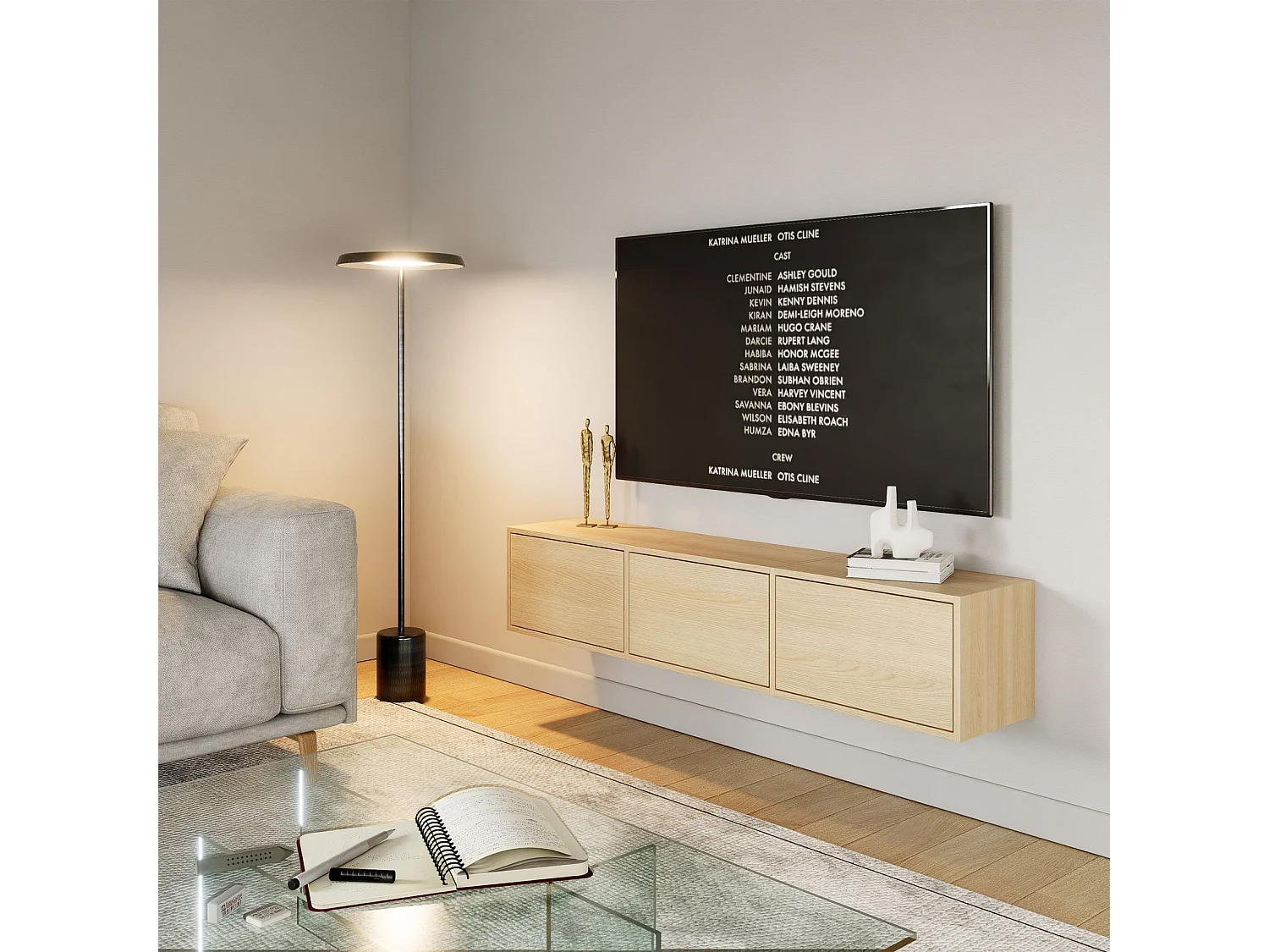 Meuble TV avec 3 abattants – aspect chêne – 150 cm – FRAMME