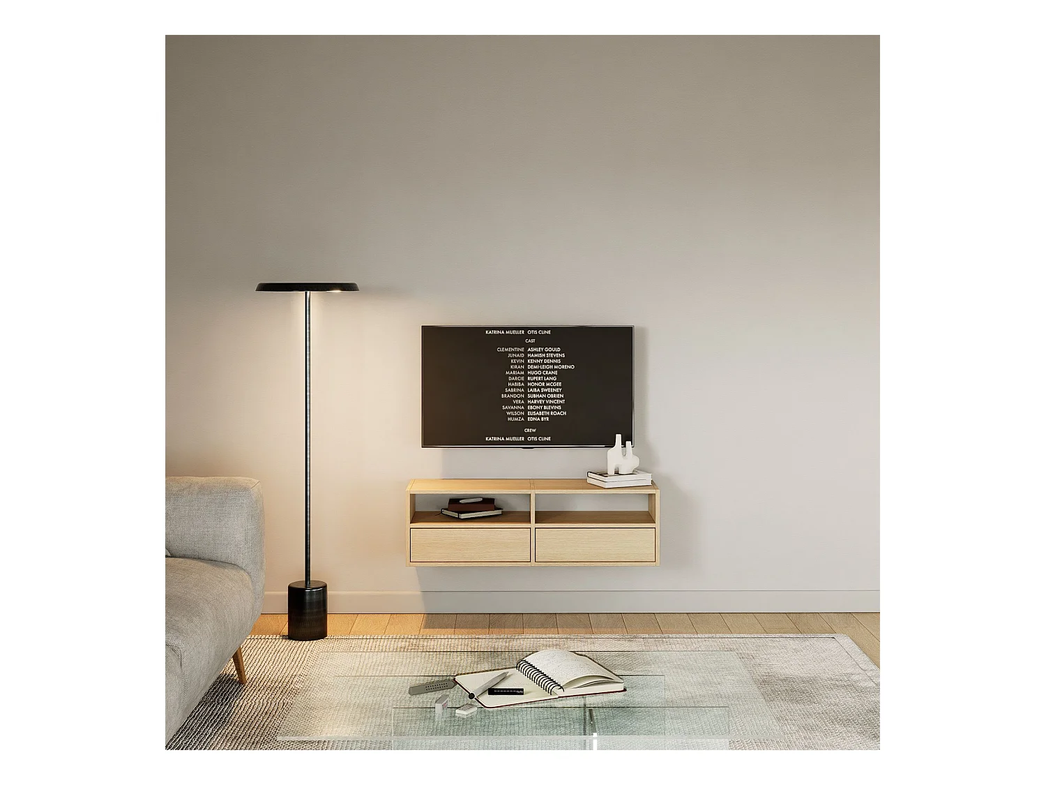 Meuble TV avec 2 abattants et étagères – aspect chêne – 100 cm – FRAMME