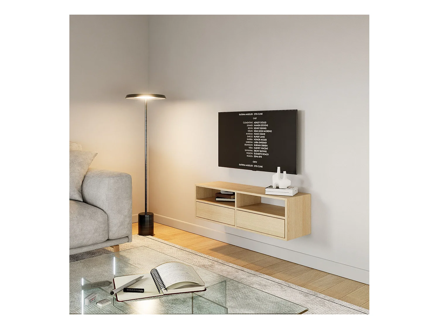 Meuble TV avec 2 abattants et étagères – aspect chêne – 100 cm – FRAMME