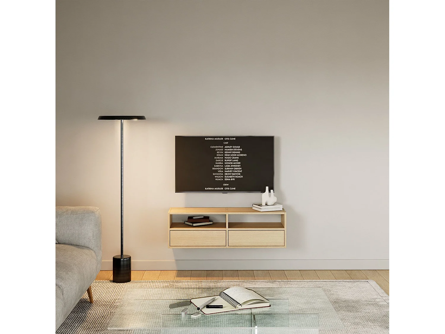 Meuble TV avec 2 abattants et étagères – aspect chêne – 100 cm – FRAMME