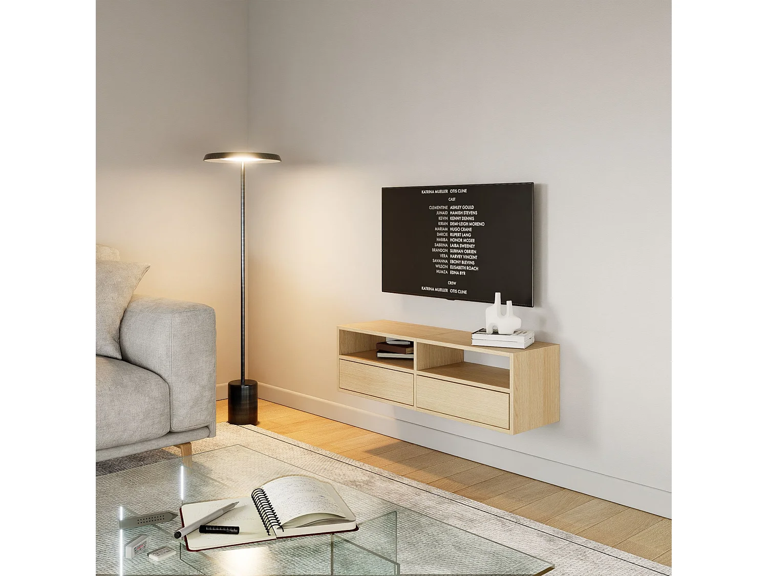 Meuble TV avec 2 abattants et étagères – aspect chêne – 100 cm – FRAMME