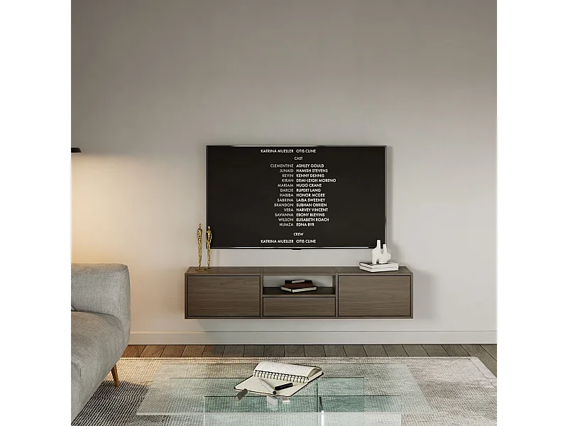 TV-meubel met 3 kleppen en één vak – houtlook walnoot – 150 cm – FRAMME