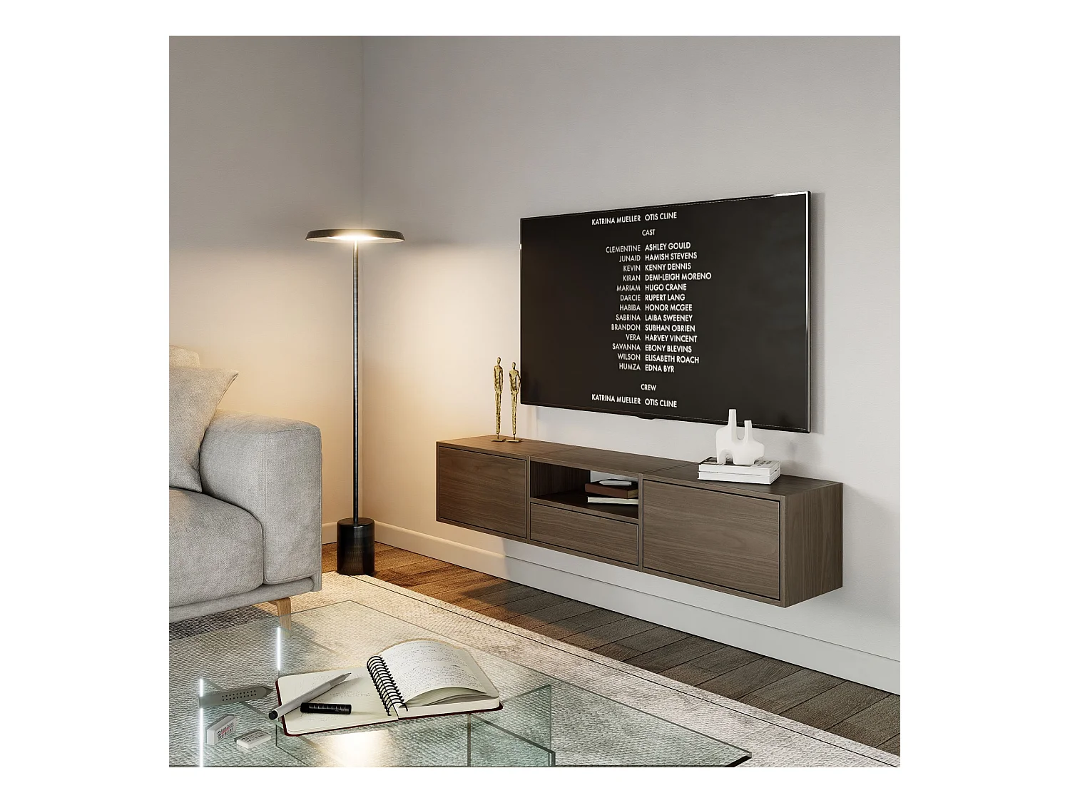 Meuble TV avec 3 abattants et une étagère – aspect noyer – 150 cm – FRAMME