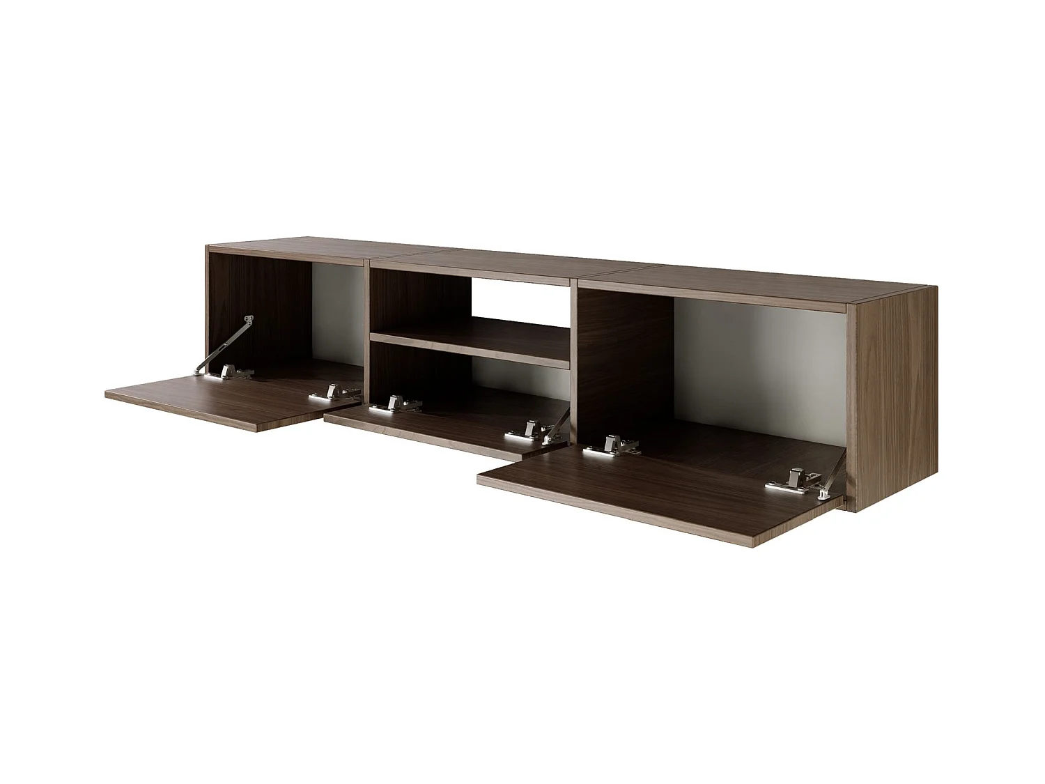 Meuble TV avec 3 abattants et une étagère – aspect noyer – 150 cm – FRAMME