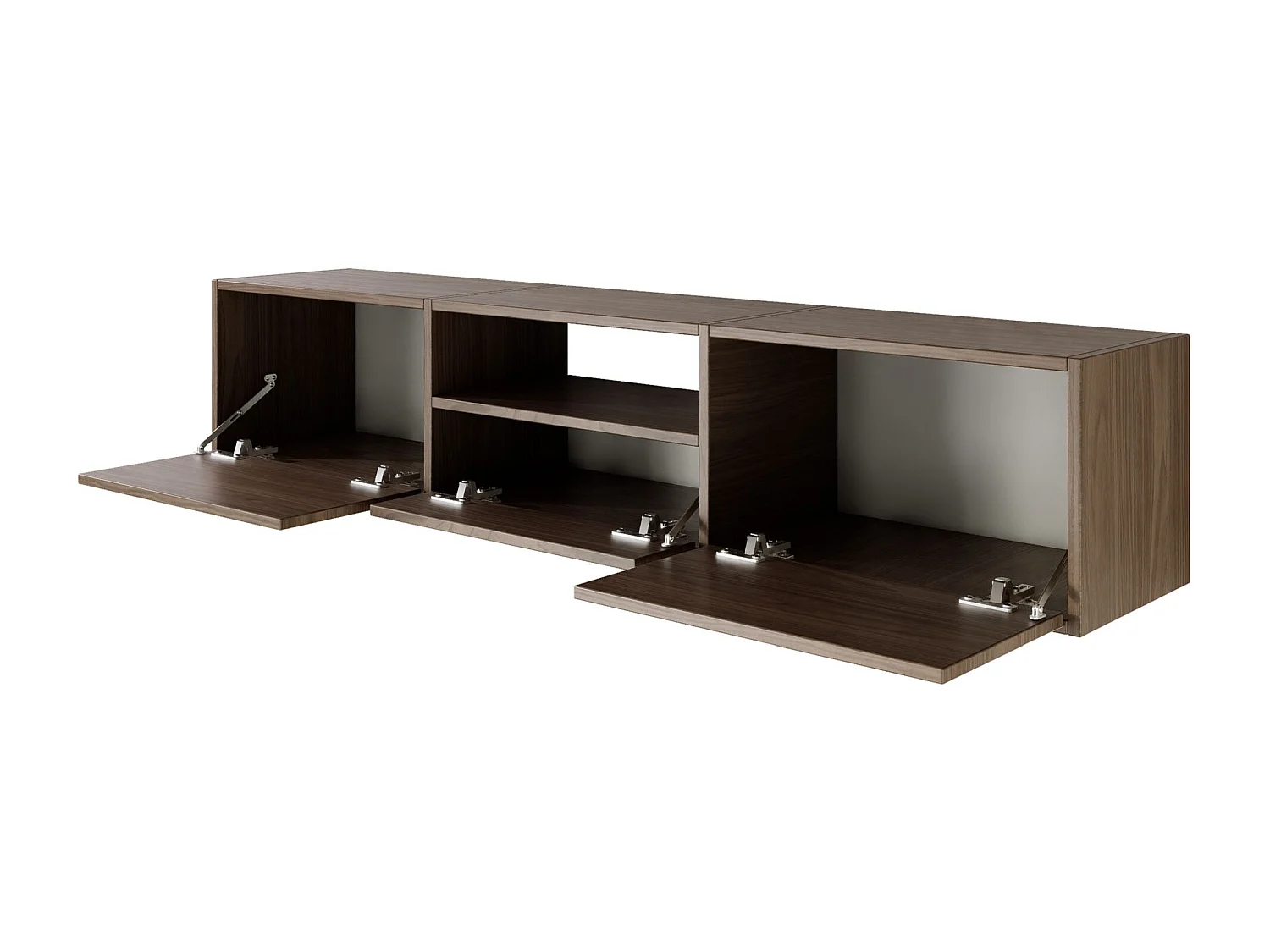 Meuble TV avec 3 abattants et une étagère – aspect noyer – 150 cm – FRAMME