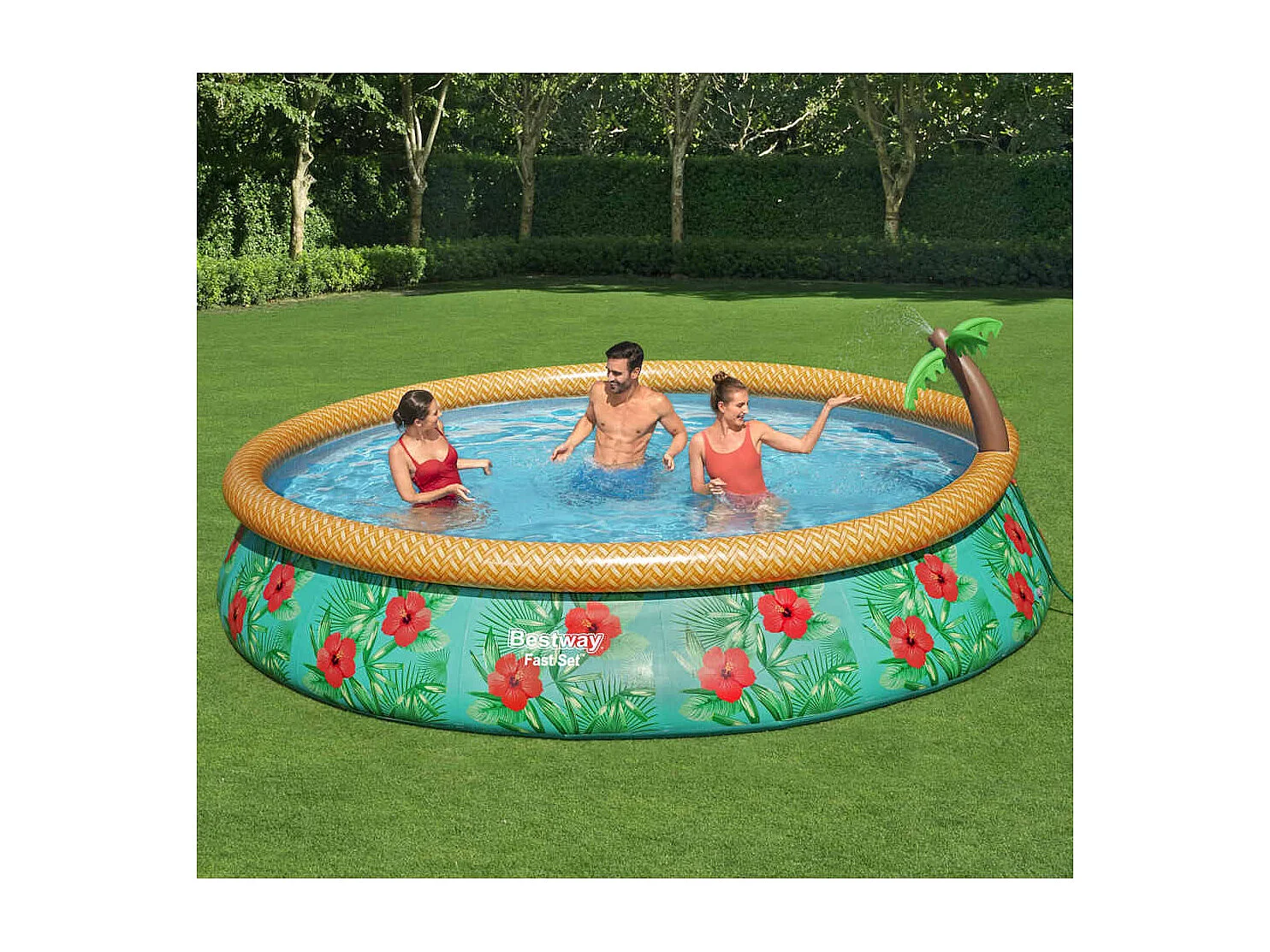 Piscina Gonfiabile Bestway Paradise Palms 9677L + Pompa di Filtraggio Ø457x84 cm Design Tropicale
