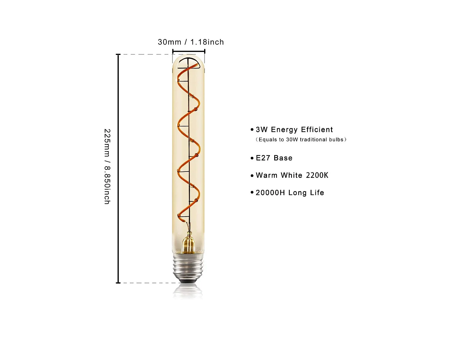Bombilla LED Edison tubular Nettlife E27 de 4 W, estilo vintage, tubo dorado de 225 mm, filamento espiral blanco cálido, no regulable