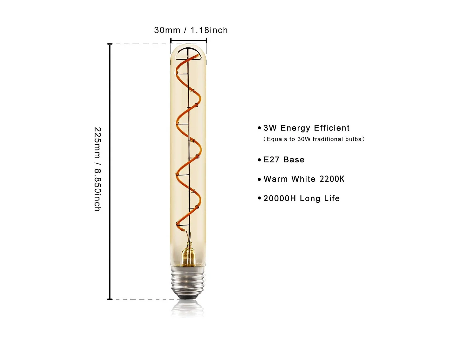Ampoule led edison tubulaire nettlife e27 4 w, style vintage, tube doré de 225 mm, filament spiralé blanc chaud, non dimmable