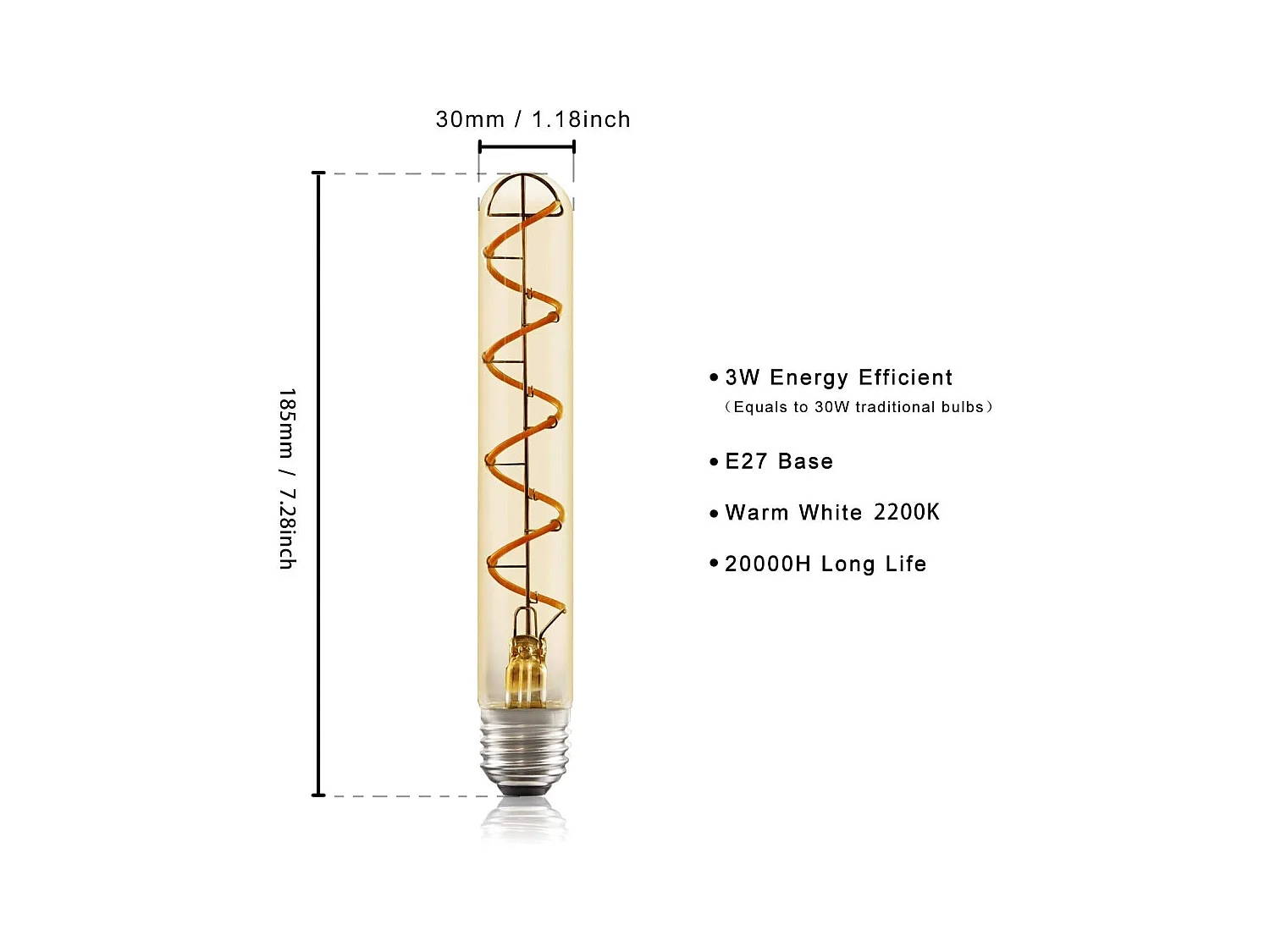 Nettlife E27 4W buisvormige Edison LED-lamp, 185 mm vintage buisvormige gloeilamp, warmwitte spiraalgloeidraad