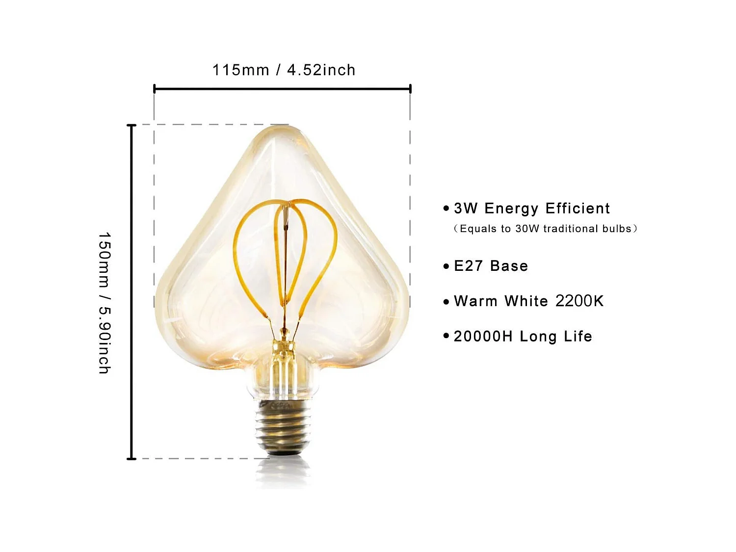 NETTLIFE - Żarówka LED Edison Vintage 3W, lampa żarowa retro E27 w kształcie serca, dekoracyjna, ciepła biel, nieściemnialna