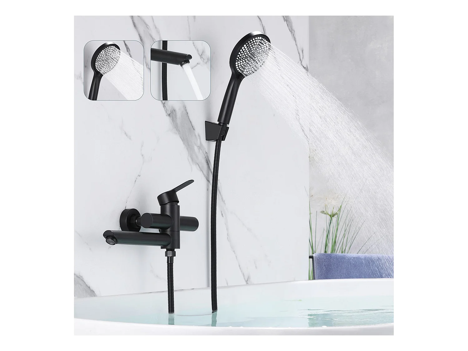 NETTLIFE Robinet de baignoire robinet noir baignoire - robinet de douche avec pommeau de douche robinet de douche avec douchette à main