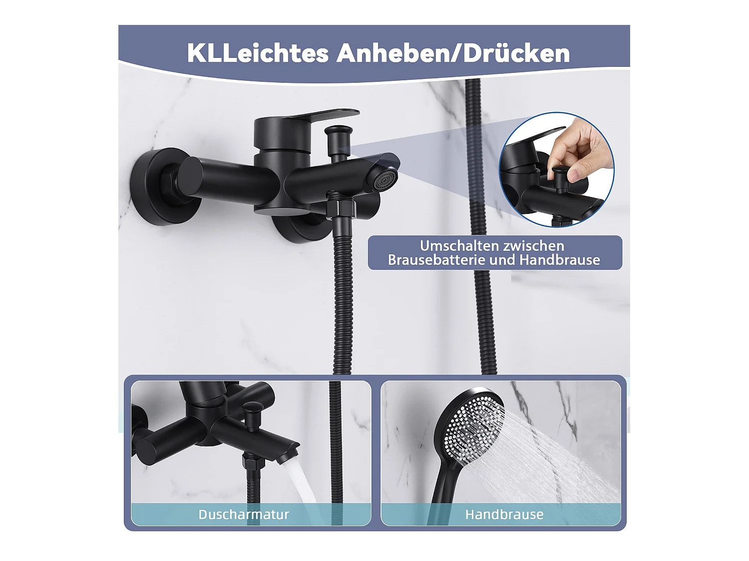 NETTLIFE Badewannenarmatur Schwarz Badewannenarmatur - Duscharmatur mit Brause Einhebelmischer Duscharmatur mit Handbrause