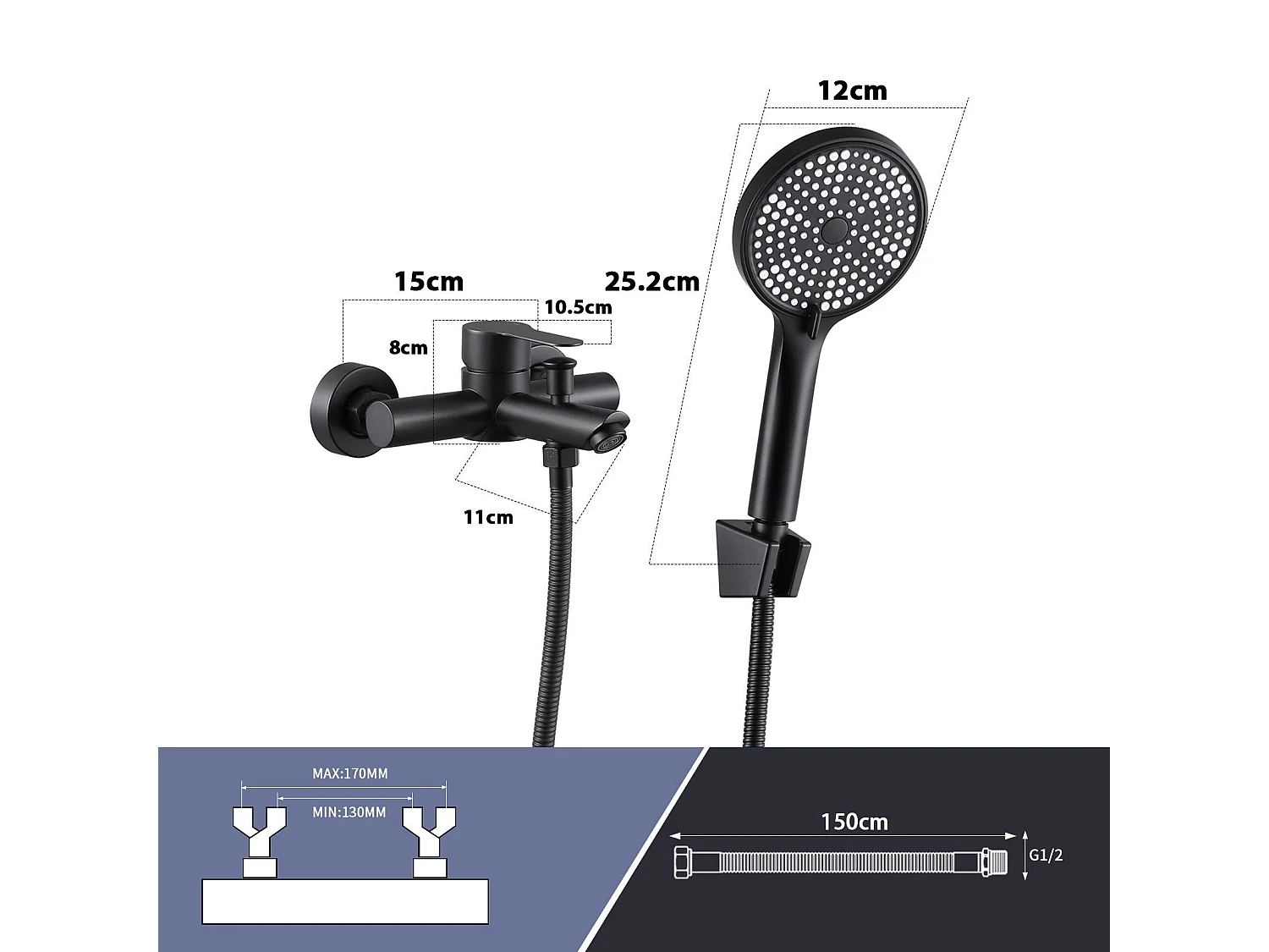 NETTLIFE Robinet de baignoire robinet noir baignoire - robinet de douche avec douche robinet de douche mitigeur monocommande avec douchette