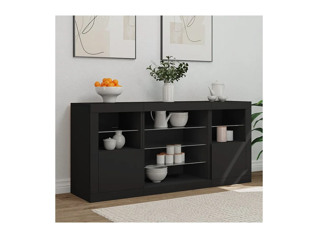Buffet | Bahut | Meuble de rangement avec lumières LED noir 142,5x37x67 cm