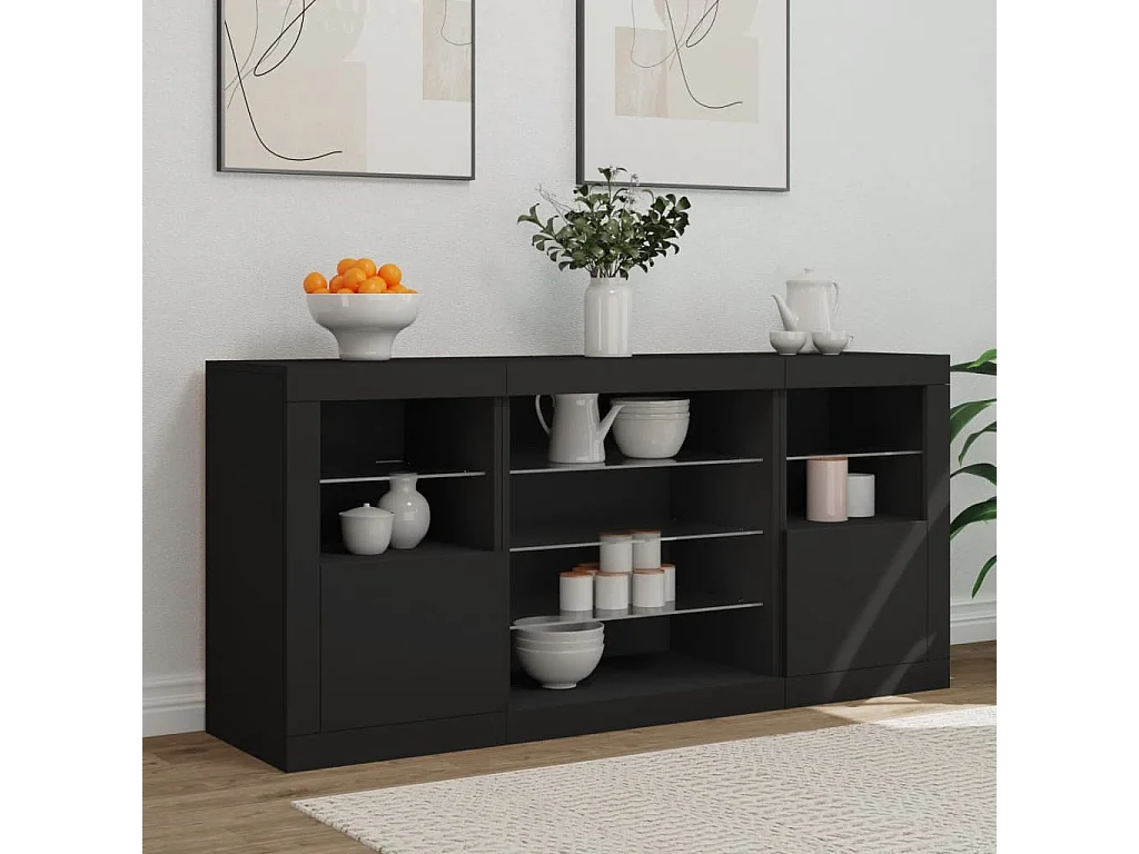 Buffet | Bahut | Meuble de rangement avec lumières LED noir 142,5x37x67 cm