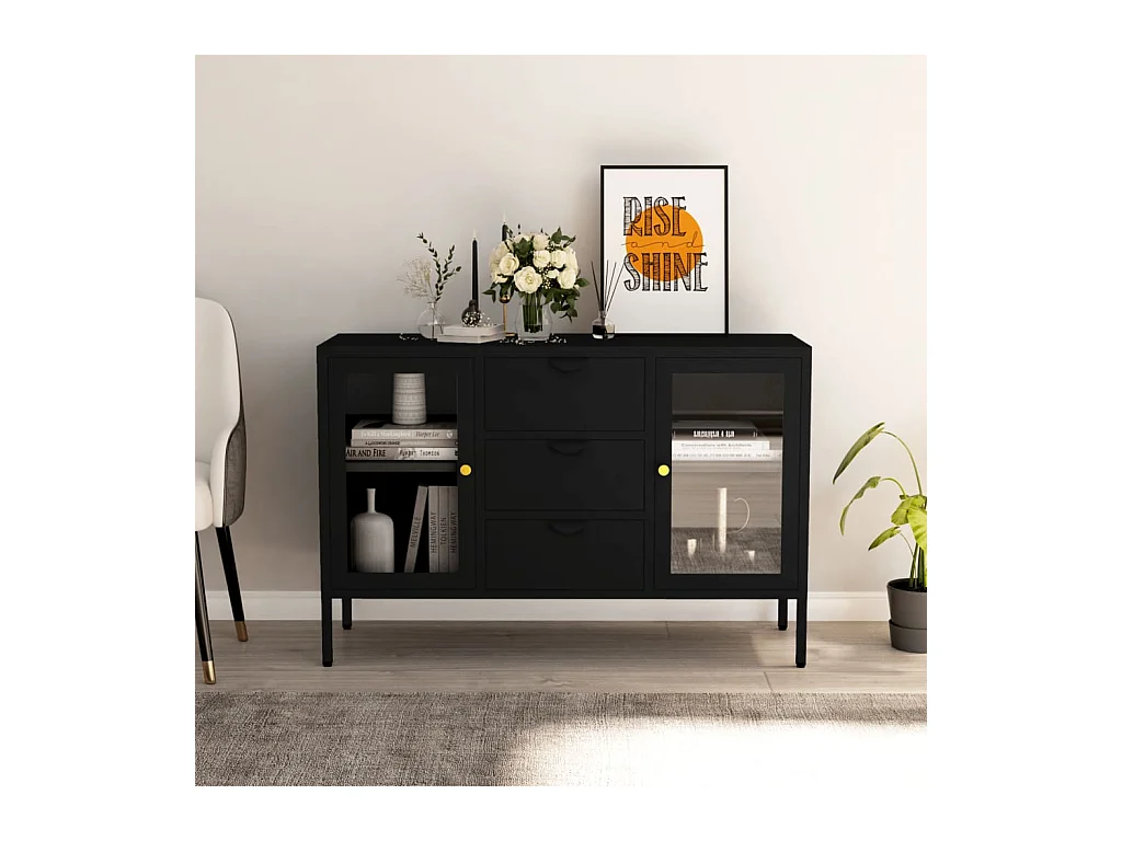 Buffet | Commode à tiroir | Meuble de rangement Noir 105x35x70 cm Acier et verre trempé