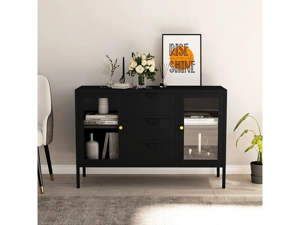 Credenza | Buffet | Armadio Nera 105x35x70 cm in Acciaio e Vetro Temperato