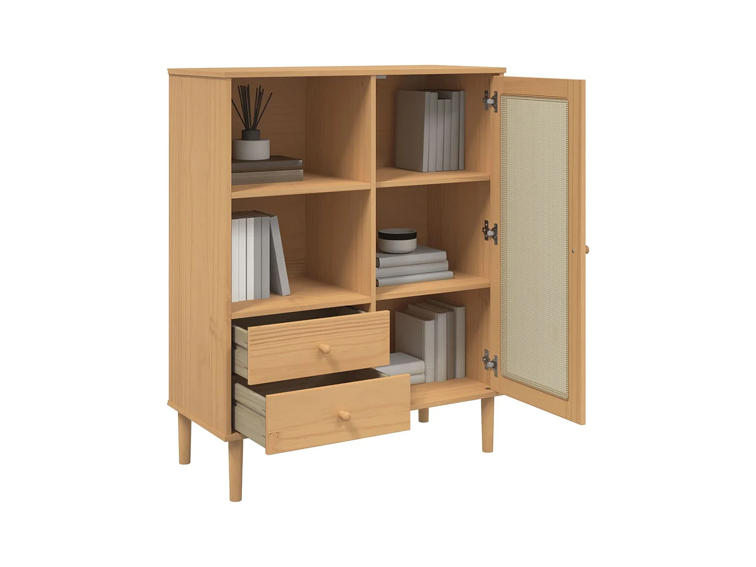 Buffet | Commode à tiroir | Meuble de rangement SENJA aspect rotin marron 90x40x112cm bois massif de pin