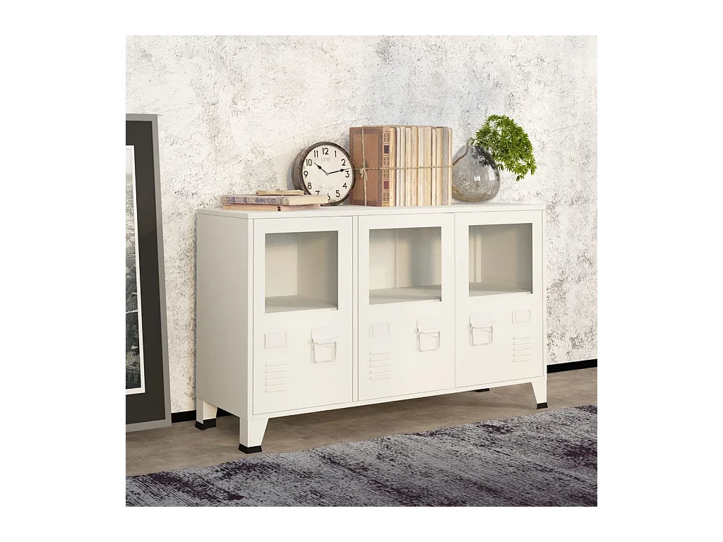 Credenza | Buffet | Armadio Bianca Industriale 105x35x62 cm in Metallo e Vetro