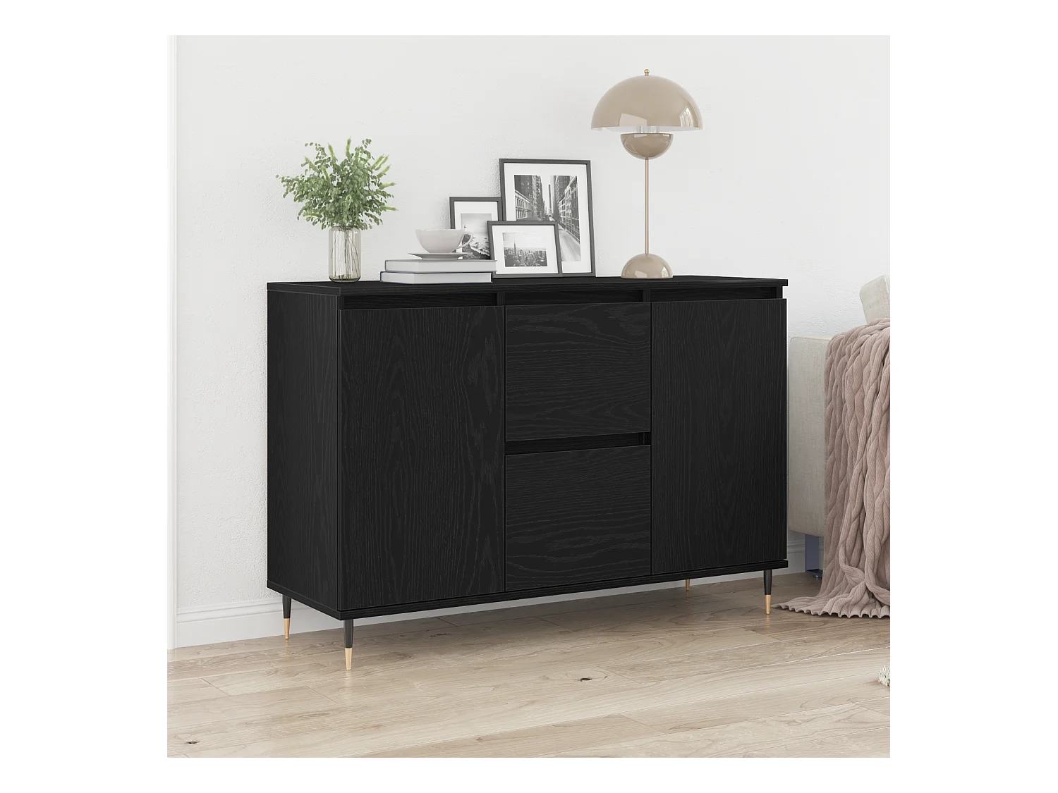 Sideboard | Credenza | Armadio con porte e cassetti Nero Rovere 101,5x35x70 cm