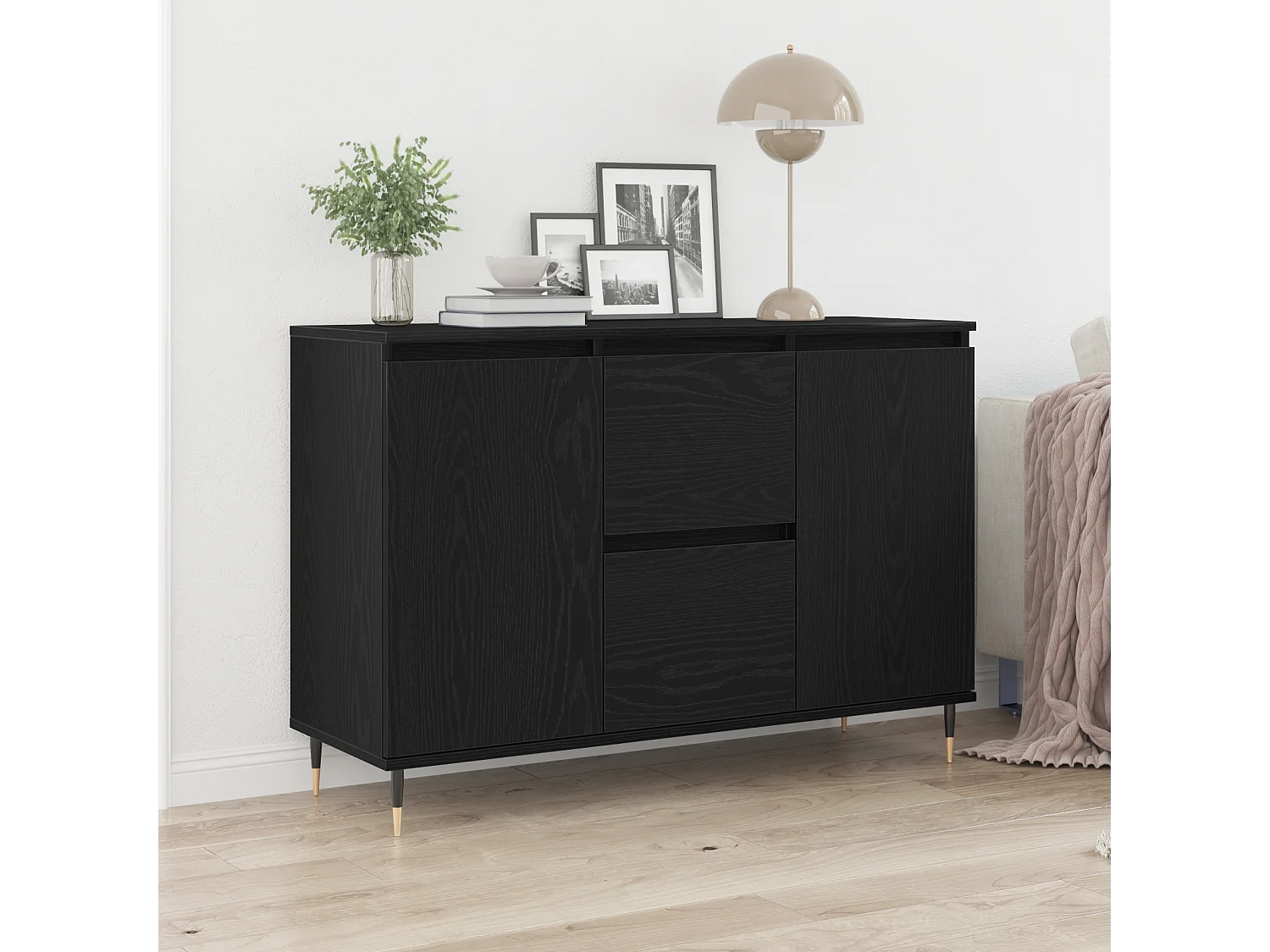 Sideboard | Credenza | Armadio con porte e cassetti Nero Rovere 101,5x35x70 cm