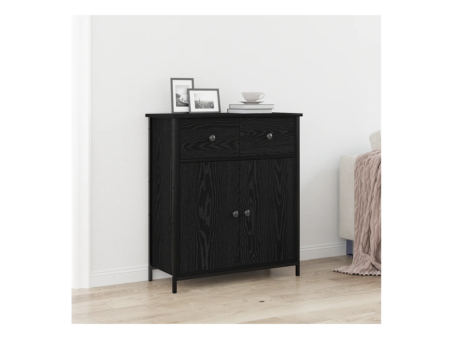 Buffet | Bahut | Meuble de rangement Noir Chêne 70x30x80 cm Bois reconstitué et Acier