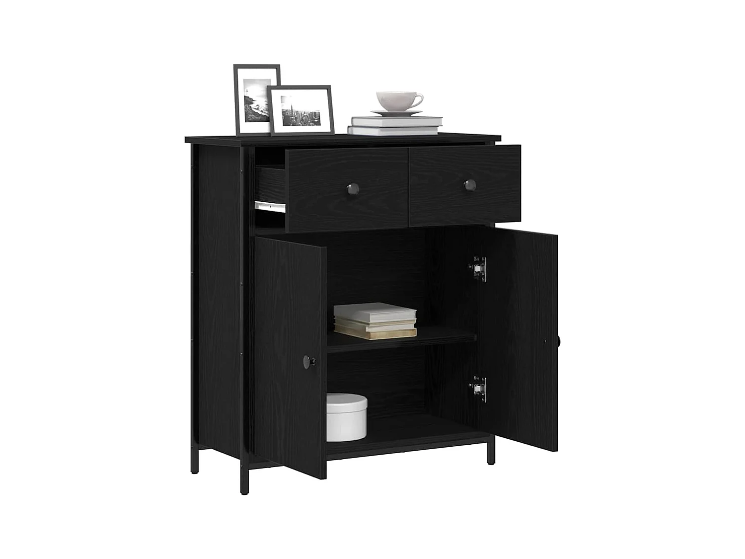 Buffet | Bahut | Meuble de rangement Noir Chêne 70x30x80 cm Bois reconstitué et Acier