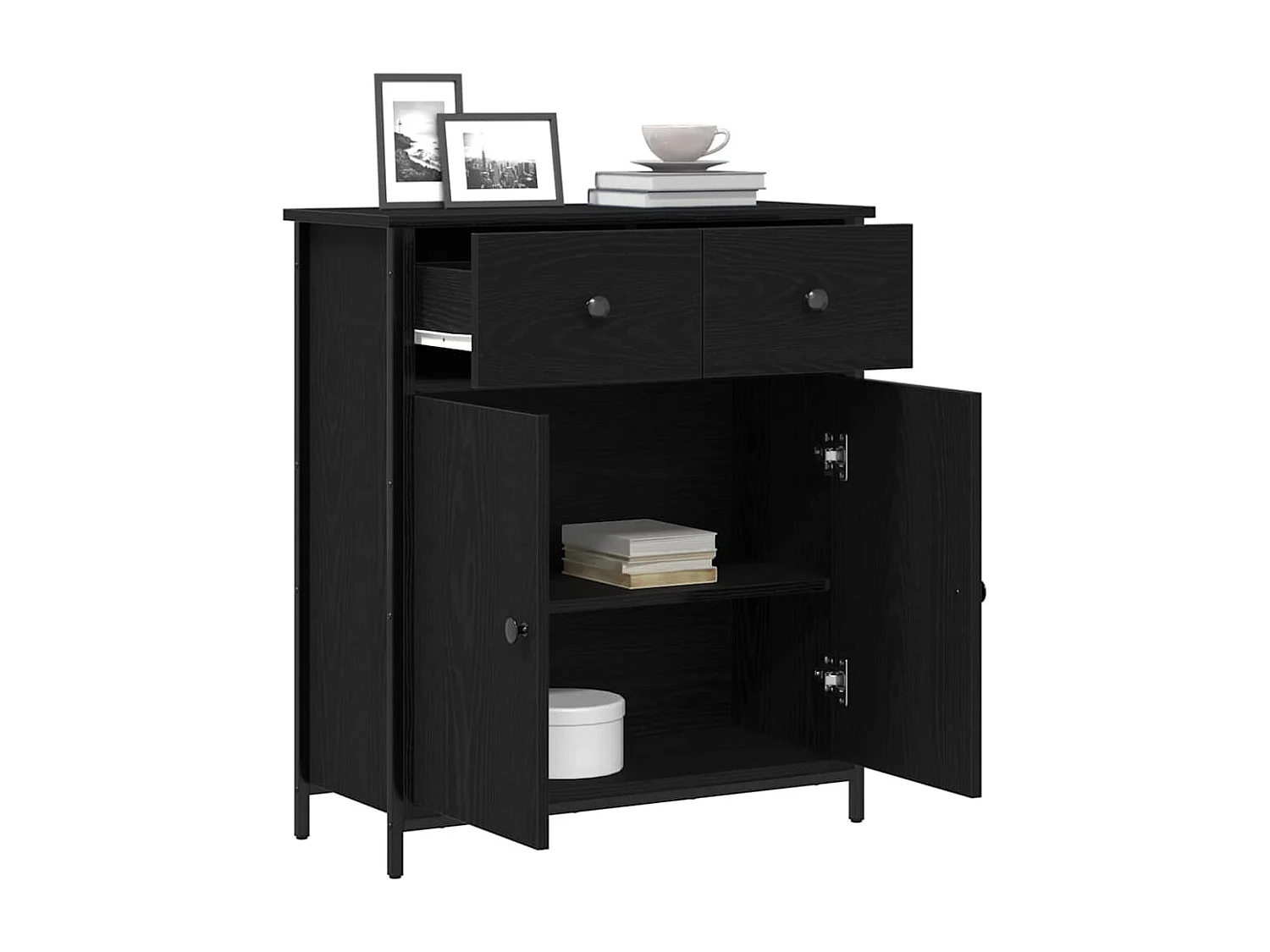 Buffet | Bahut | Meuble de rangement Noir Chêne 70x30x80 cm Bois reconstitué et Acier