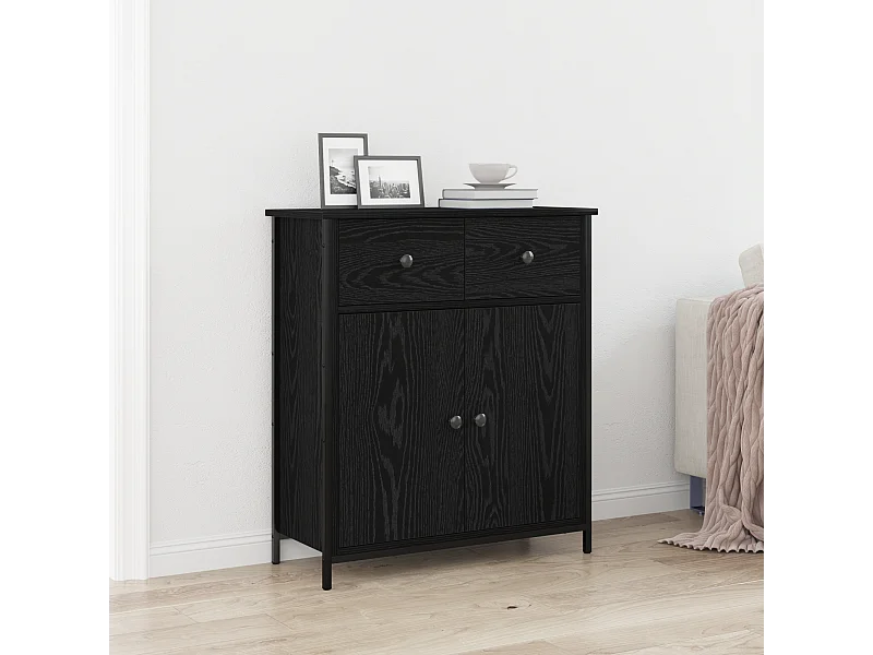 Buffet | Bahut | Meuble de rangement Noir Chêne 70x30x80 cm Bois reconstitué et Acier