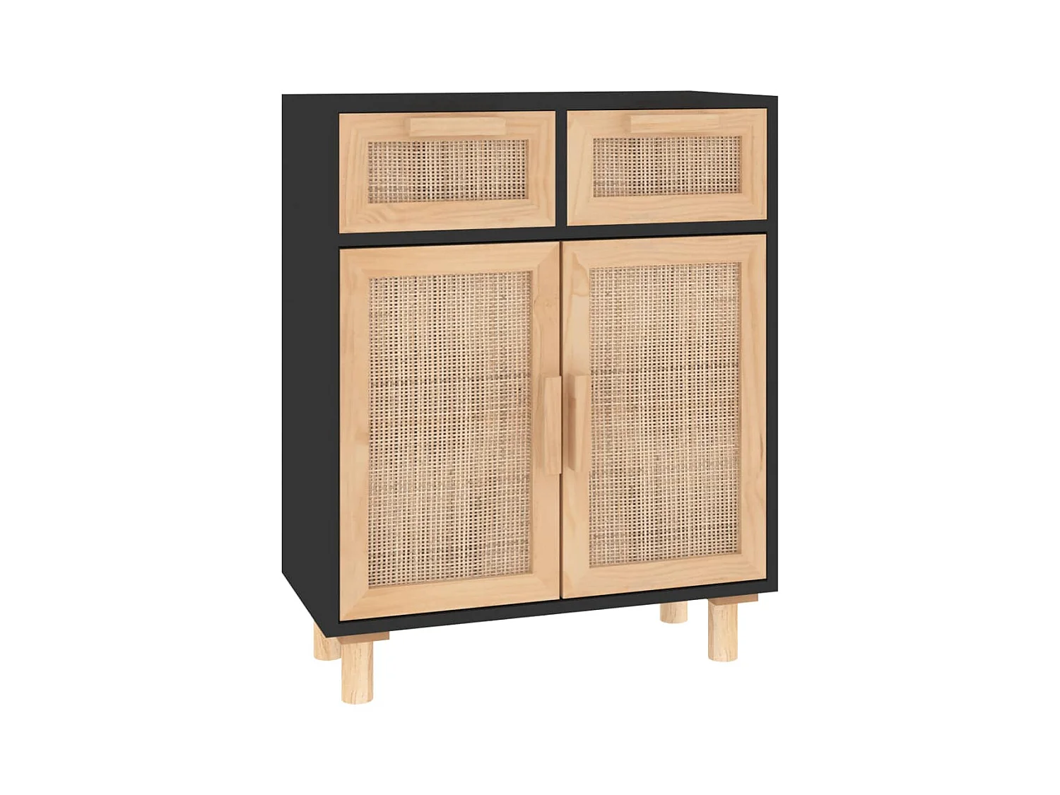 Buffet | Commode à tiroir | Meuble de rangement Noir 60x30x75 cm Bois de pin massif et rotin naturel