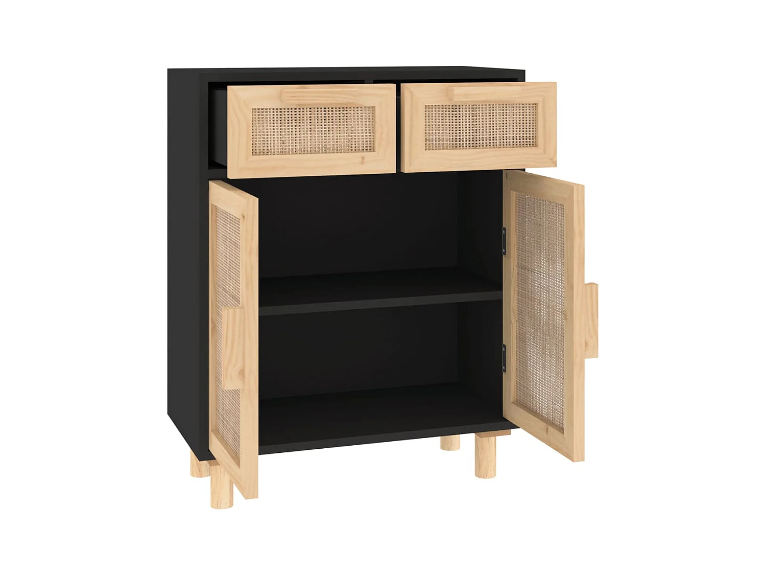 Buffet | Commode à tiroir | Meuble de rangement Noir 60x30x75 cm Bois de pin massif et rotin naturel