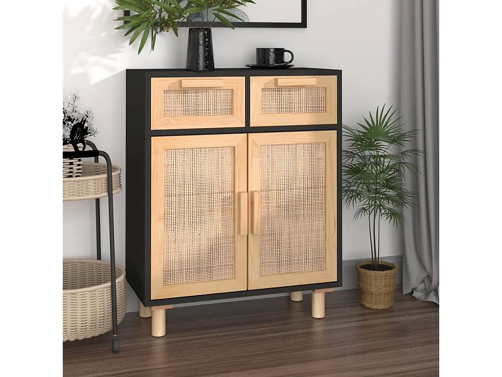 Buffet | Commode à tiroir | Meuble de rangement Noir 60x30x75 cm Bois de pin massif et rotin naturel