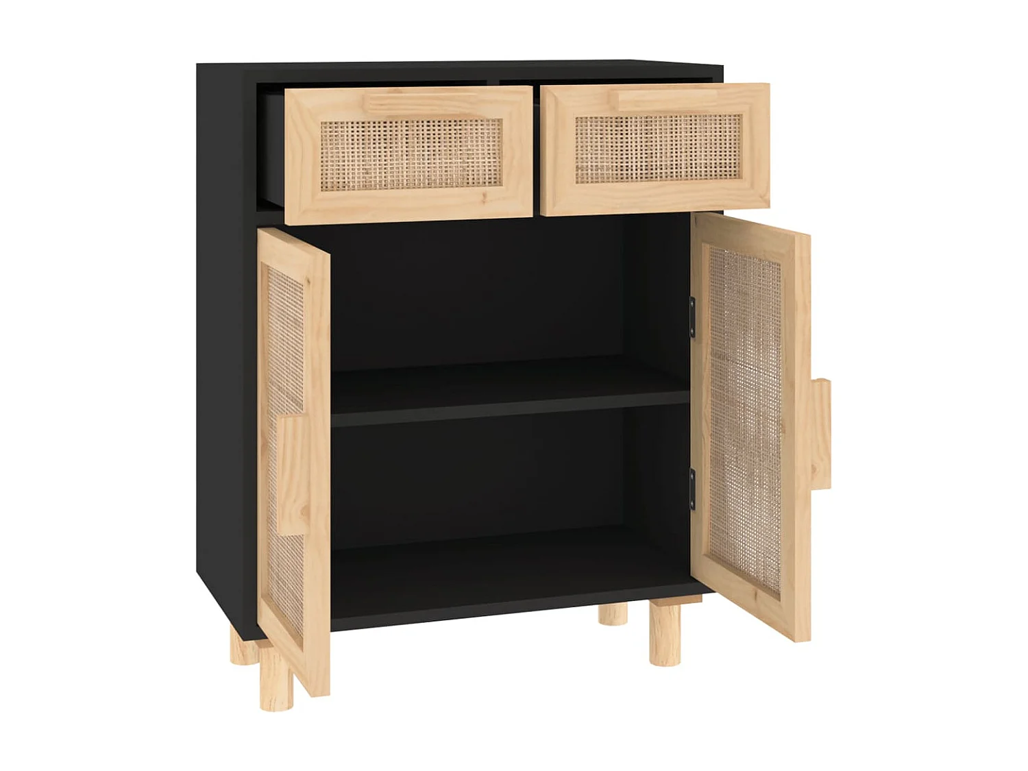 Buffet | Commode à tiroir | Meuble de rangement Noir 60x30x75 cm Bois de pin massif et rotin naturel