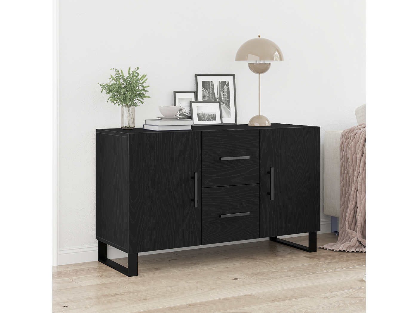 Walker Edison Credenza Contemporanea Con Ante Scanalate - Legno Ingegnerizzato Rovere Costiero E Nero - 169 Cm - Ripiani Regolabili, TV Fino A 75", Mobile TV O Consolle - 2