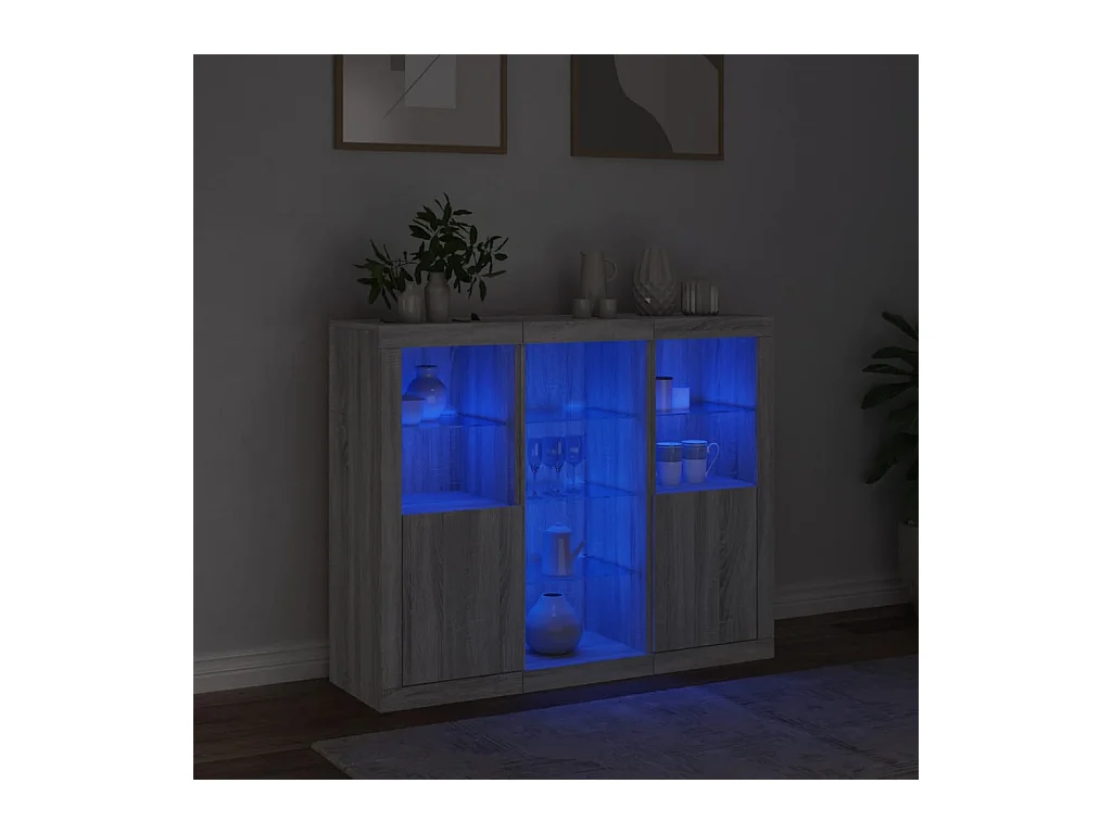 Buffets | Bahuts | Meuble de rangement avec lumières LED 3 pcs sonoma gris bois d'ingénierie