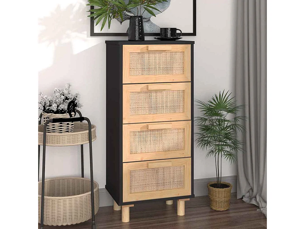Credenza | Buffet | Armadio Nera 40x30x90 cm Legno Massello Pino e Rattan Naturale