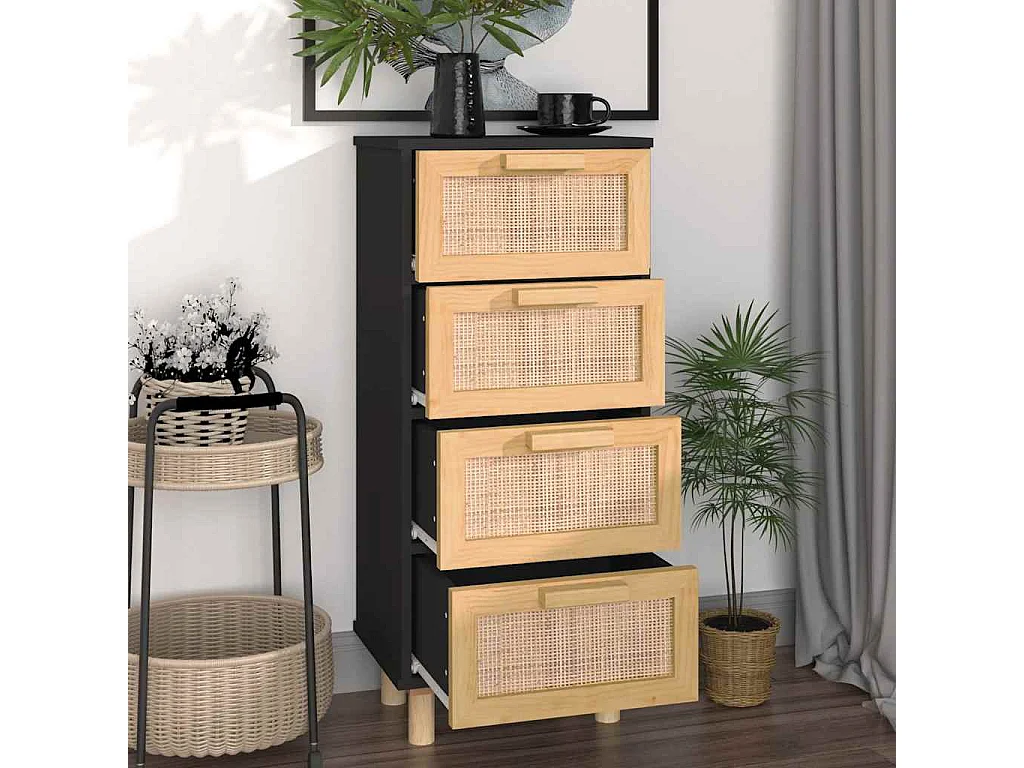 Credenza | Buffet | Armadio Nera 40x30x90 cm Legno Massello Pino e Rattan Naturale