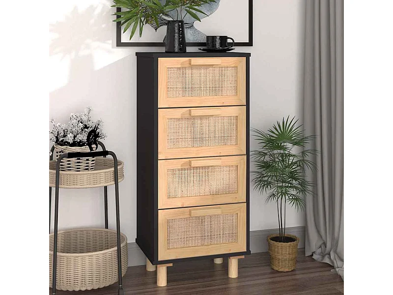 Credenza | Buffet | Armadio Nera 40x30x90 cm Legno Massello Pino e Rattan Naturale