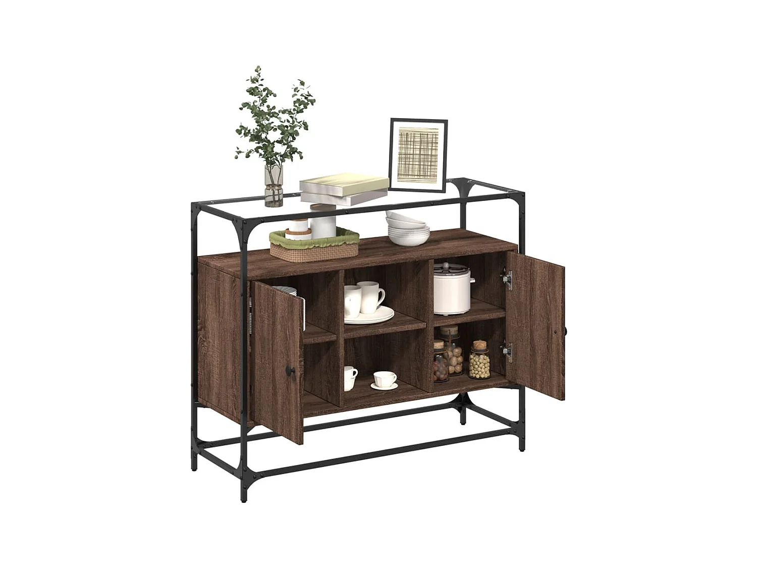 Buffet | Bahut | Meuble de rangement avec dessus en verre chêne marron bois d'ingénierie