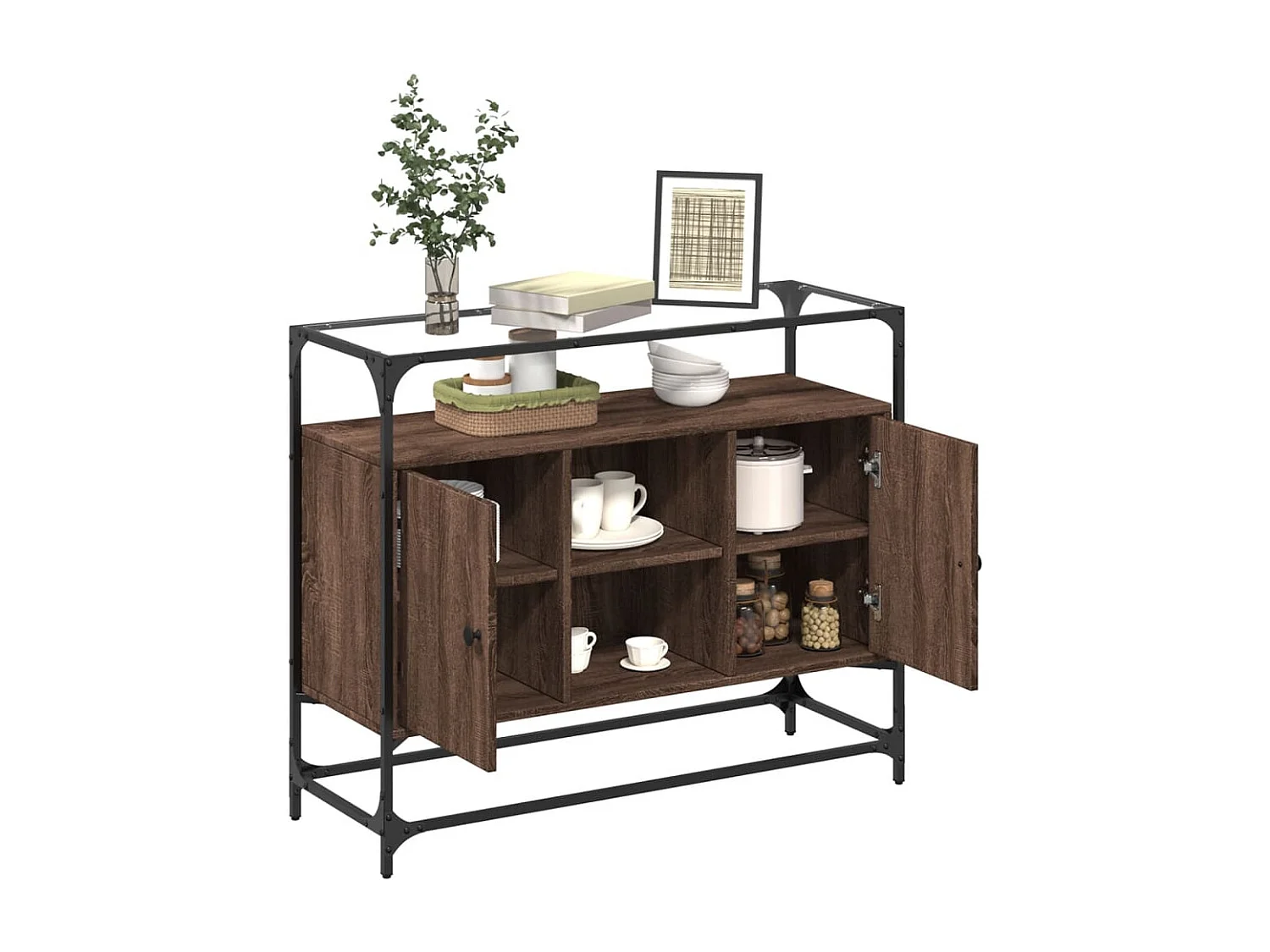 Buffet | Bahut | Meuble de rangement avec dessus en verre chêne marron bois d'ingénierie