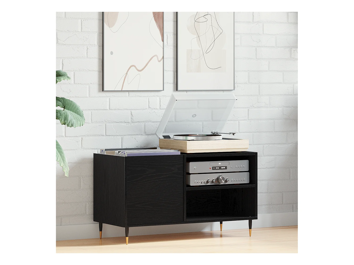 Credenza | Buffet | Armadio per dischi Nero Rovere 84,5x38x48 cm Legno ingegnerizzato
