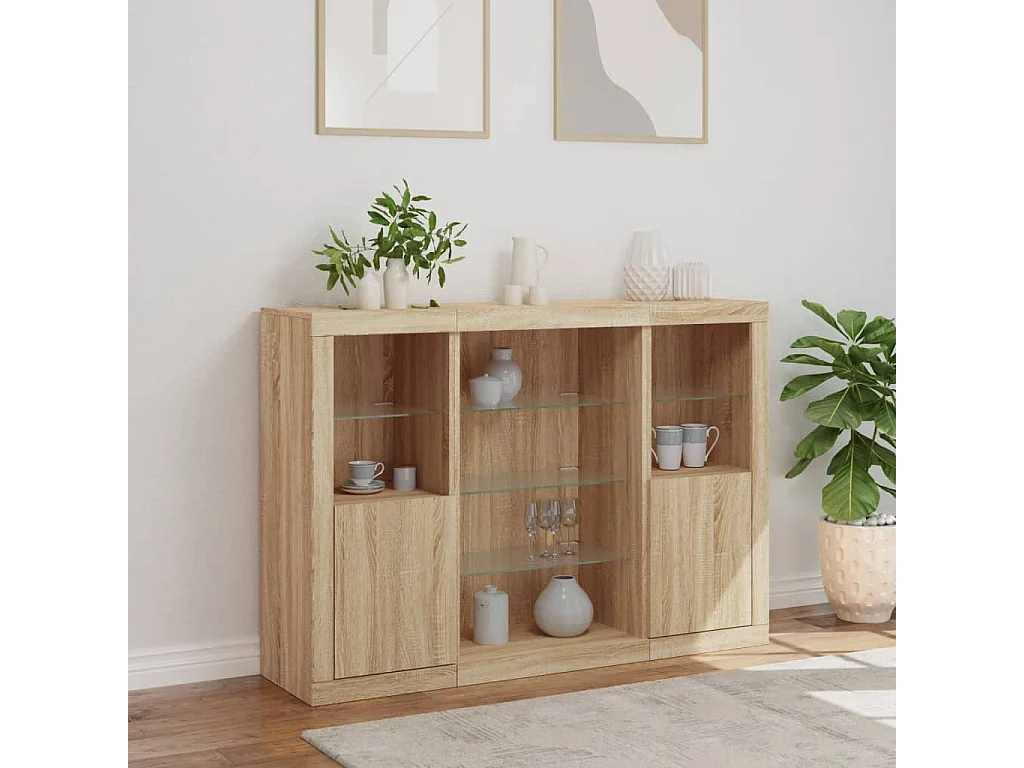 Buffets | Bahuts | Meuble de rangement avec lumières LED 3 pcs chêne sonoma bois d'ingénierie