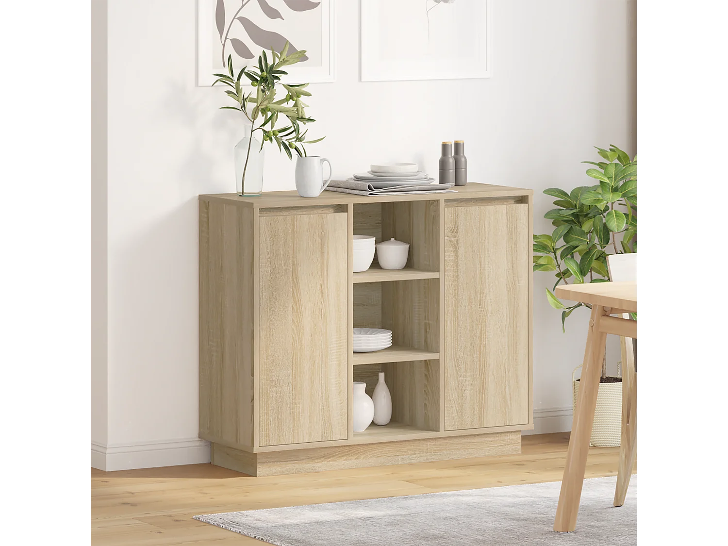 Buffet | Bahut | Meuble de rangement avec LED en chêne Sonoma 90x32x75 cm en bois d'ingénierie