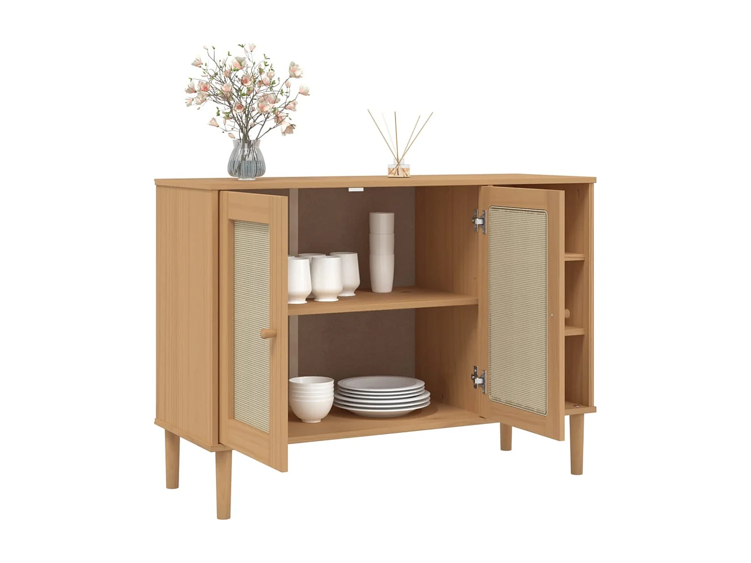 Buffet | Bahut | Meuble de rangement SENJA aspect rotin marron 112x40x80cm bois massif de pin