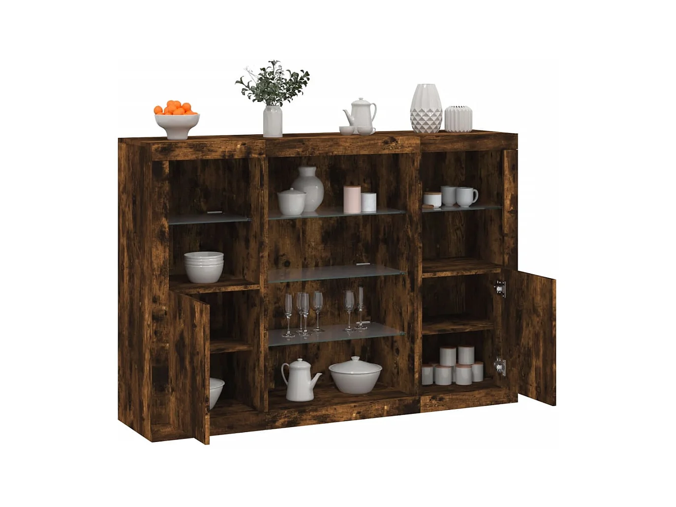 Buffets | Bahuts | Meuble de rangement avec lumières LED 3 pcs chêne fumé bois d'ingénierie